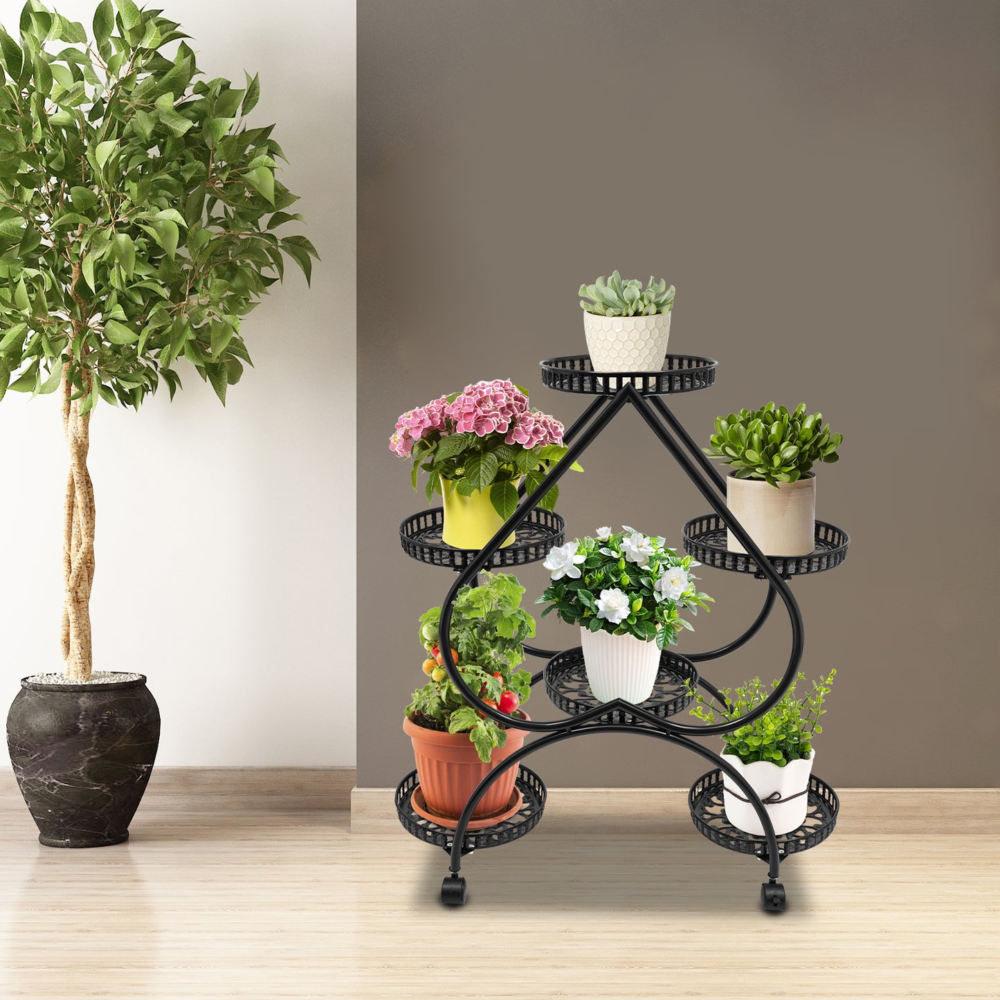 6 Potted Metal Plant Stand Heart-shaped Flower Pot Stand 6 Trays Plant Display Rack Plants Holder w/ 4 Universal Wheels
