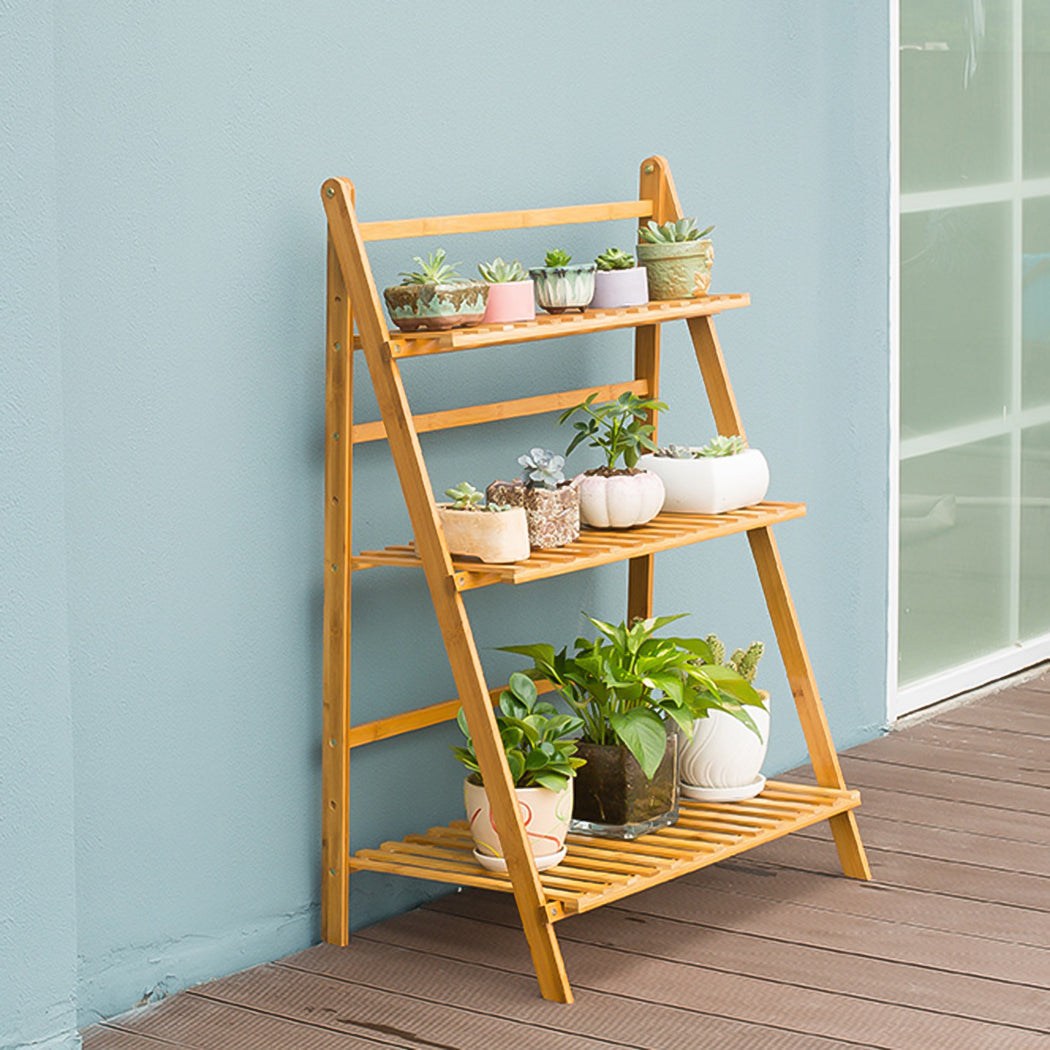 3 Tier Foldable Bamboo Plant Stand Planter Organizer Plants Display Shelf for Indoor Outdoor