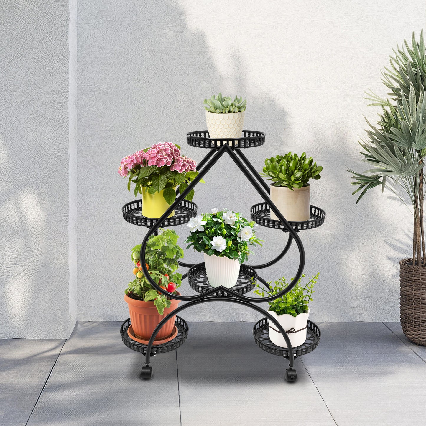 6 Potted Metal Plant Stand Heart-shaped Flower Pot Stand 6 Trays Plant Display Rack Plants Holder w/ 4 Universal Wheels