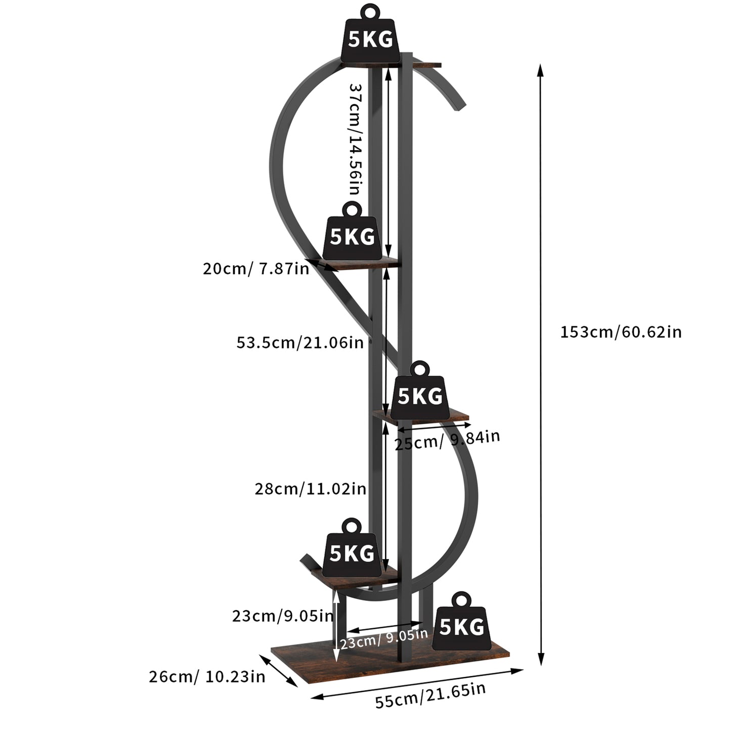 153CM Tall S-Shaped Vertical Plant Stand Multilayer Garden Flower Pot Stand Display Holder, Wood and Metal