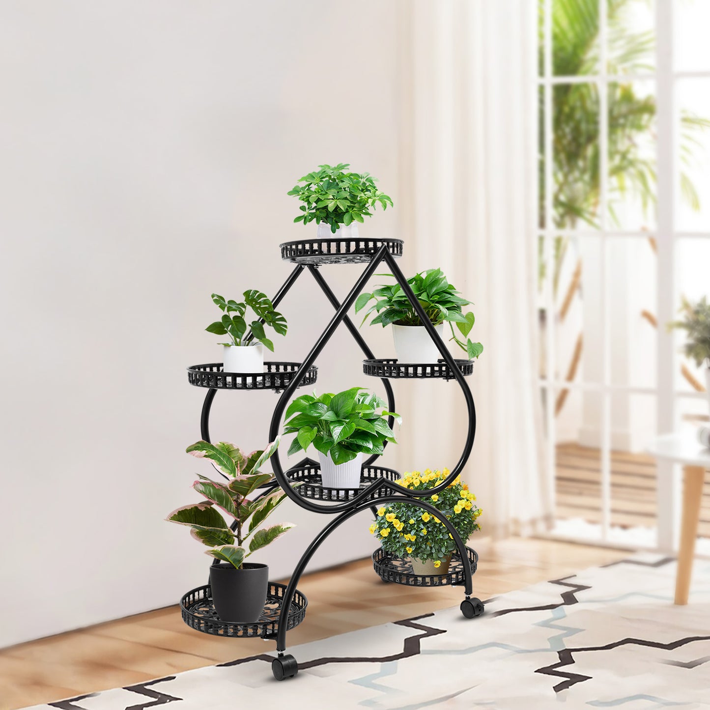 6 Potted Metal Plant Stand Heart-shaped Flower Pot Stand 6 Trays Plant Display Rack Plants Holder w/ 4 Universal Wheels