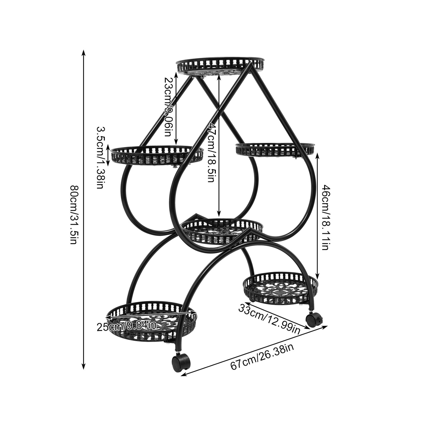 6 Potted Metal Plant Stand Heart-shaped Flower Pot Stand 6 Trays Plant Display Rack Plants Holder w/ 4 Universal Wheels