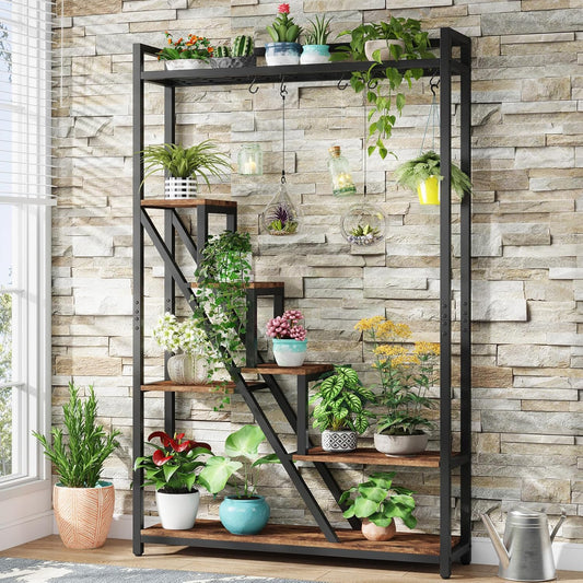 Indoor Plant Stand, Plant Shelf with 5 S-Hooks, Industrial Flower Stand Display Rack for Indoor, Garden, Balcony, Living Room
