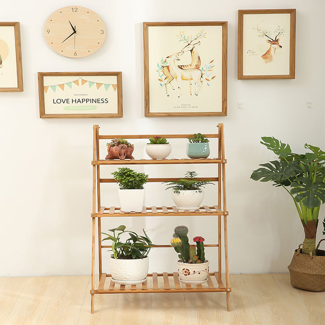 3 Tier Foldable Bamboo Plant Stand Planter Organizer Plants Display Shelf for Indoor Outdoor