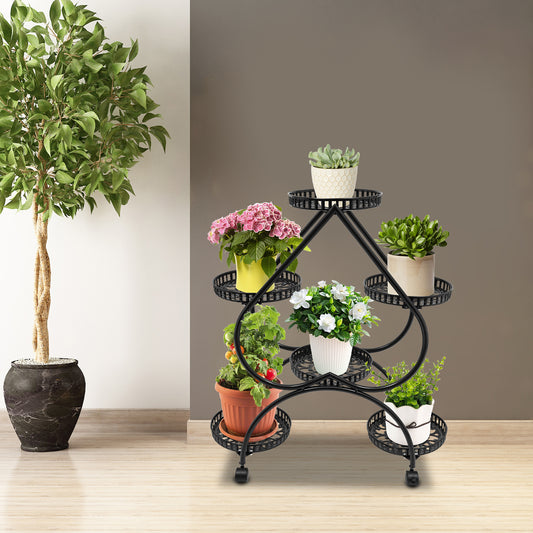 6 Potted Metal Plant Stand Heart-shaped Flower Pot Stand 6 Trays Plant Display Rack Plants Holder w/ 4 Universal Wheels