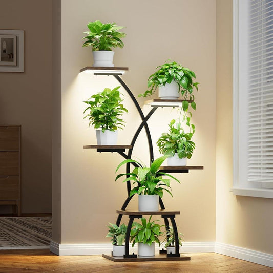 Indoor Plant Shelf with Grow Lights 6 Tier Metal Stand Corner Space Saving Flower Display