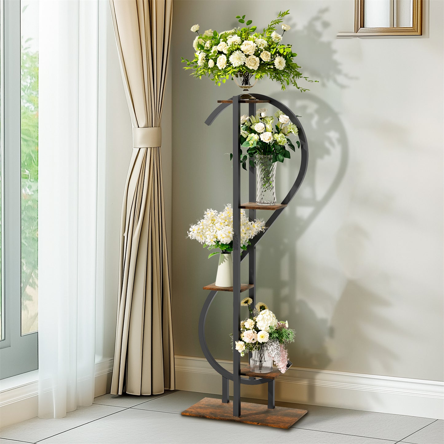 153CM Tall S-Shaped Vertical Plant Stand Multilayer Garden Flower Pot Stand Display Holder, Wood and Metal