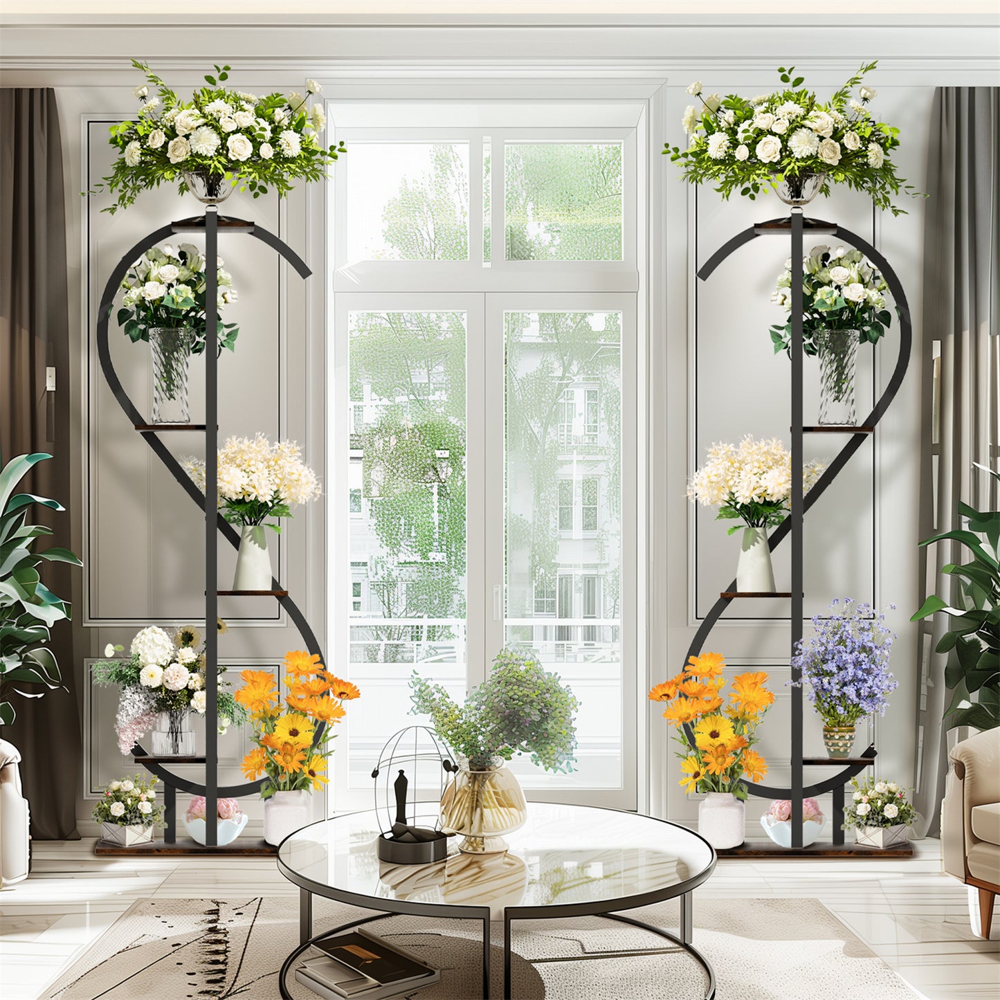 153CM Tall S-Shaped Vertical Plant Stand Multilayer Garden Flower Pot Stand Display Holder, Wood and Metal