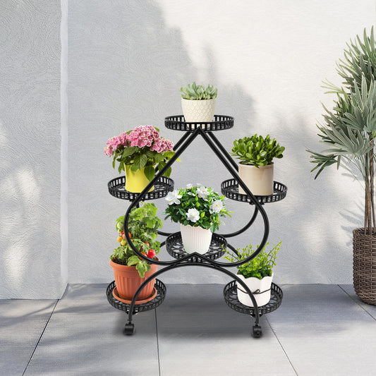 6 Potted Metal Plant Stand Heart-shaped Flower Pot Stand 6 Trays Plant Display Rack Plants Holder w/ 4 Universal Wheels
