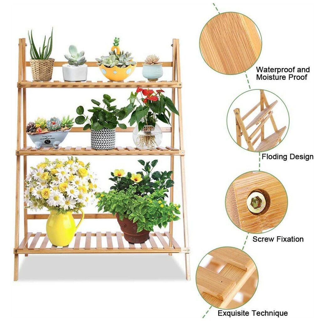 3 Tier Foldable Bamboo Plant Stand Planter Organizer Plants Display Shelf for Indoor Outdoor
