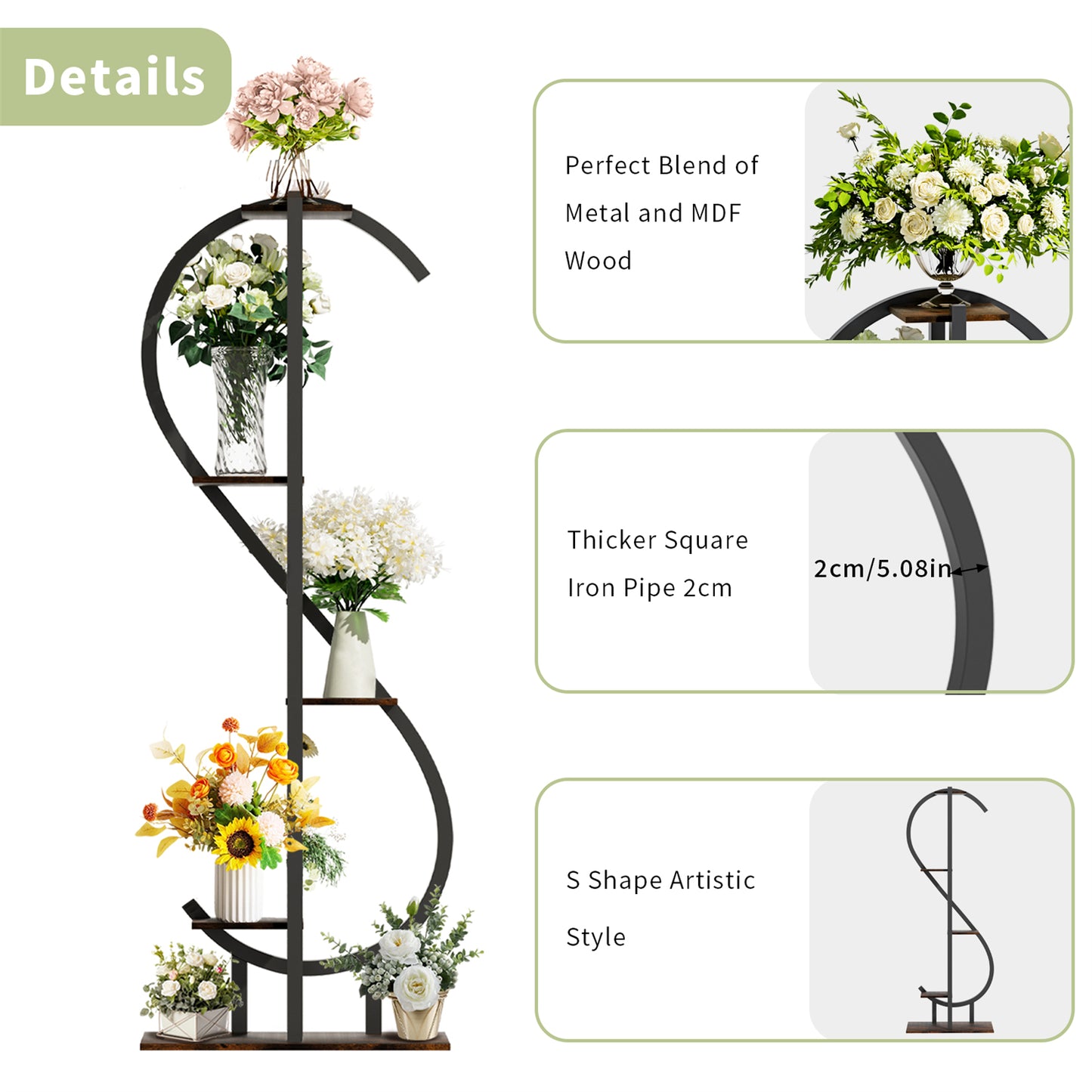 153CM Tall S-Shaped Vertical Plant Stand Multilayer Garden Flower Pot Stand Display Holder, Wood and Metal