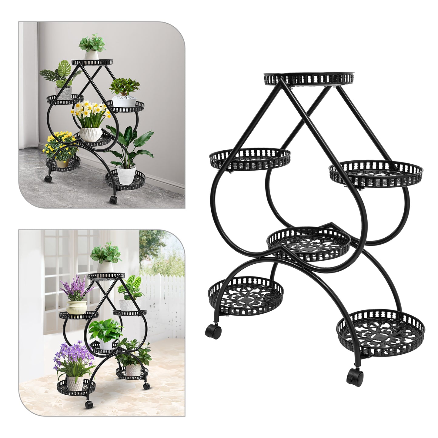 6 Potted Metal Plant Stand Heart-shaped Flower Pot Stand 6 Trays Plant Display Rack Plants Holder w/ 4 Universal Wheels