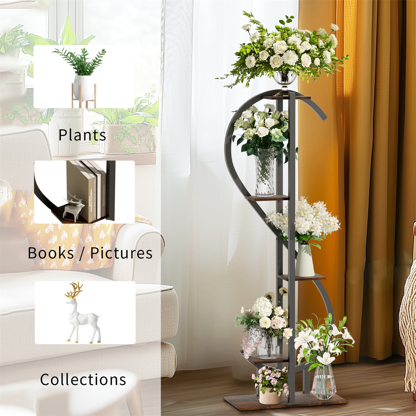 153CM Tall S-Shaped Vertical Plant Stand Multilayer Garden Flower Pot Stand Display Holder, Wood and Metal