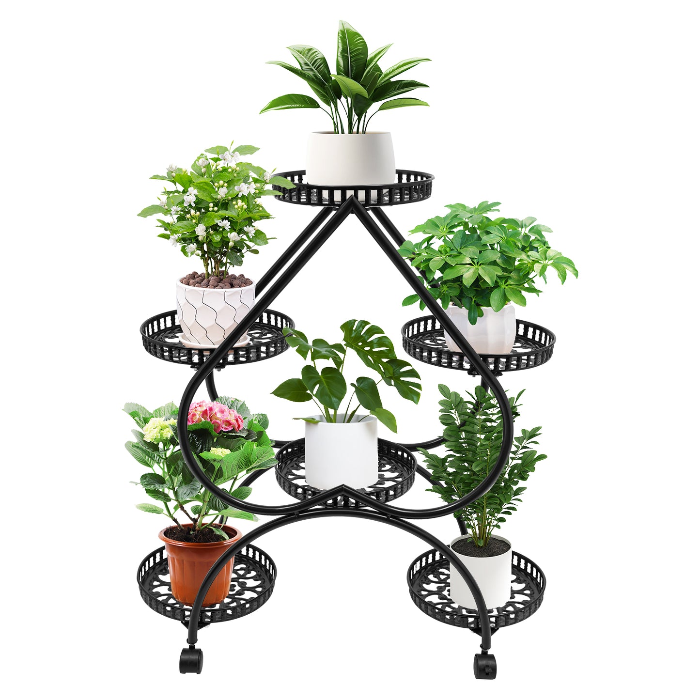 6 Potted Metal Plant Stand Heart-shaped Flower Pot Stand 6 Trays Plant Display Rack Plants Holder w/ 4 Universal Wheels